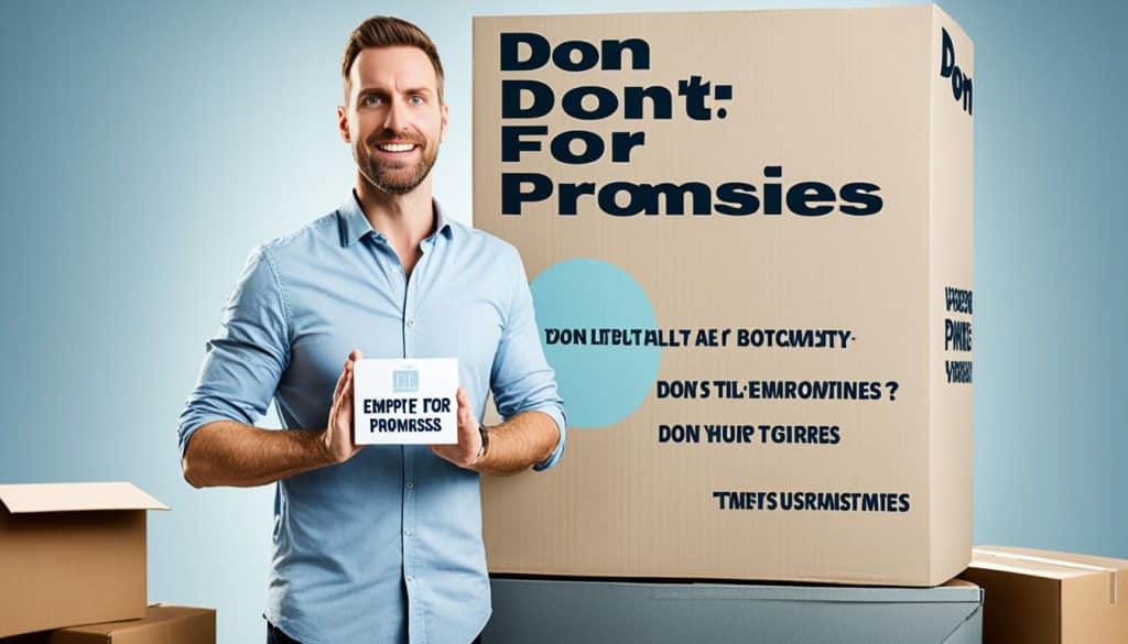 Hombre de agencia de marketing con carteles de tras y una caja en la mano ofreciendo promesas 