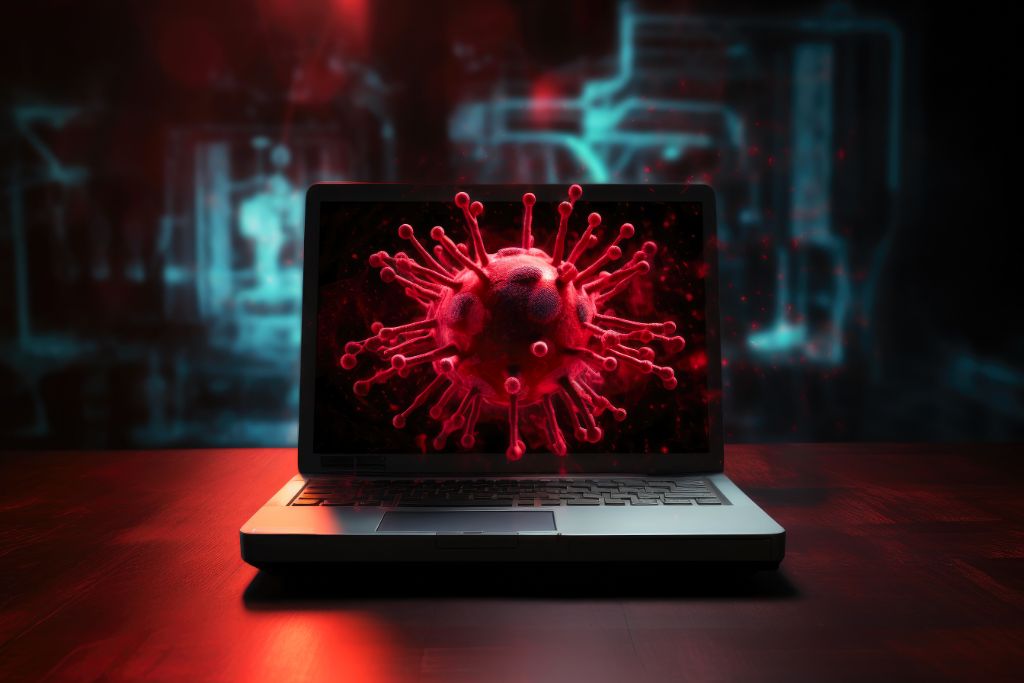 Se muestra una habitacion oscura con un portatil que en su pantalla simula al primer virus informático